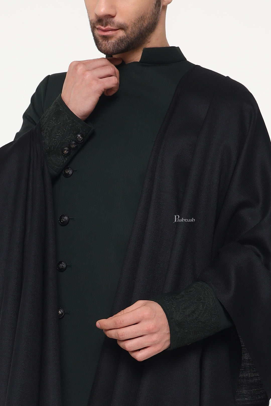 Pashtush India Mens Shawls Gents Shawl Pashtush Mens Fine Wool Shawl, Paisley Design, Black