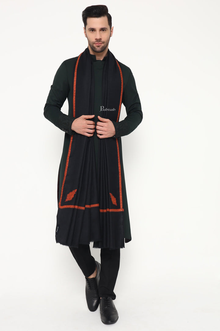 Pashtush India Mens Shawls Gents Shawl Pashtush Mens Fine Wool Shawl, Paisley Design, Black