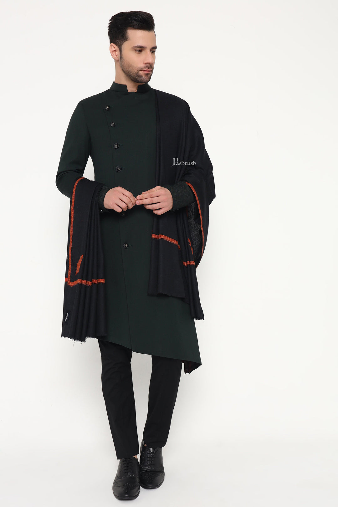 Pashtush India Mens Shawls Gents Shawl Pashtush Mens Fine Wool Shawl, Paisley Design, Black