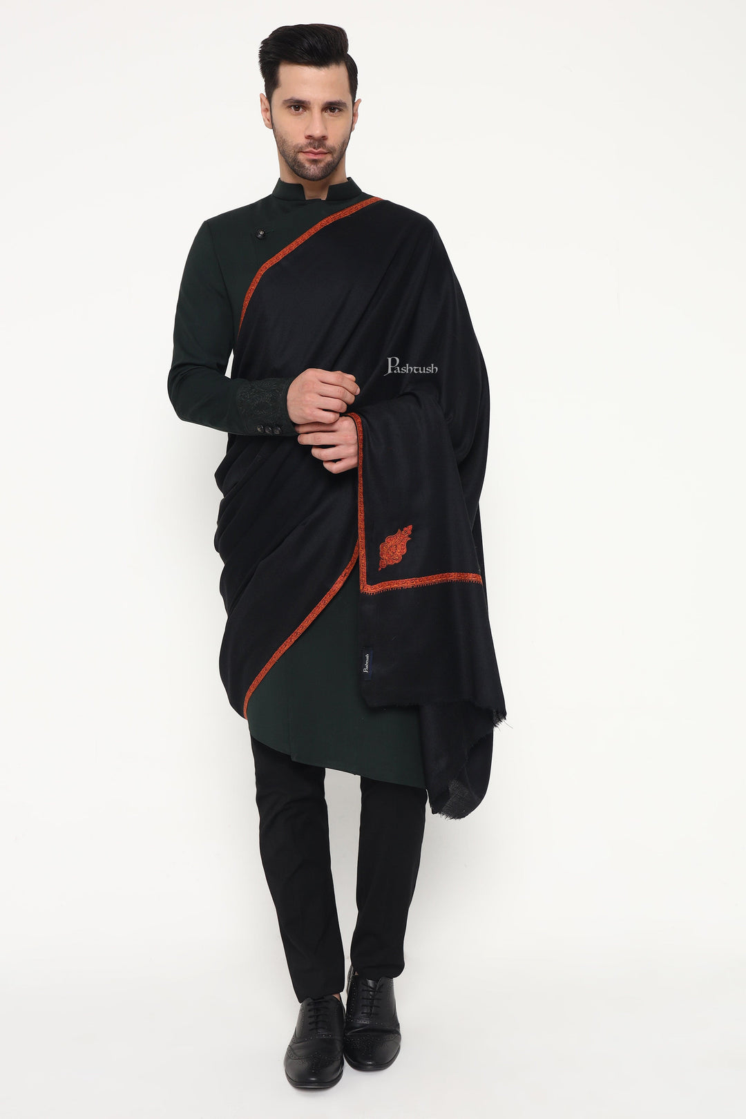 Pashtush India Mens Shawls Gents Shawl Pashtush Mens Fine Wool Shawl, Paisley Design, Black