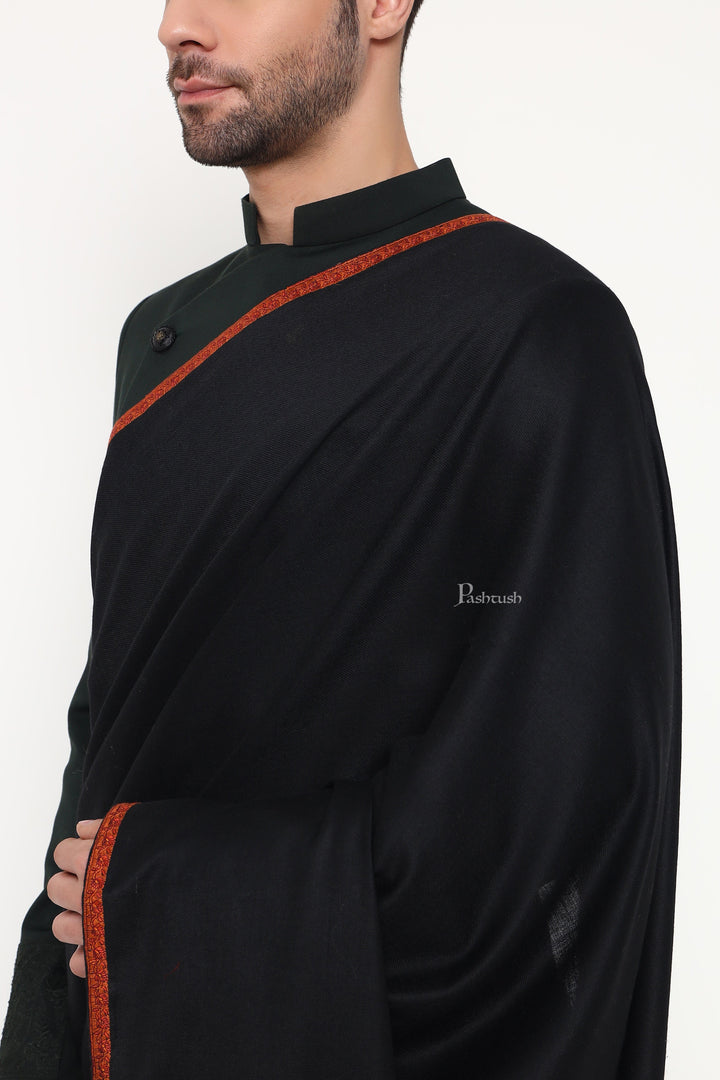 Pashtush India Mens Shawls Gents Shawl Pashtush Mens Fine Wool Shawl, Paisley Design, Black