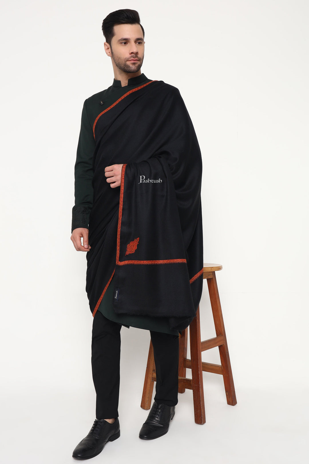Pashtush India Mens Shawls Gents Shawl Pashtush Mens Fine Wool Shawl, Paisley Design, Black