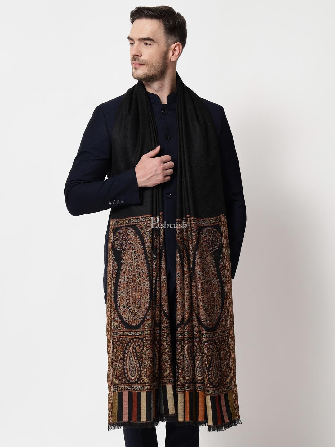 Pashtush India Mens Shawls Gents Shawl Pashtush Mens Fine Wool Shawl, Royal Collection, Palle-Dar Shawl, With Antique Jama Palla, Black, Full Size
