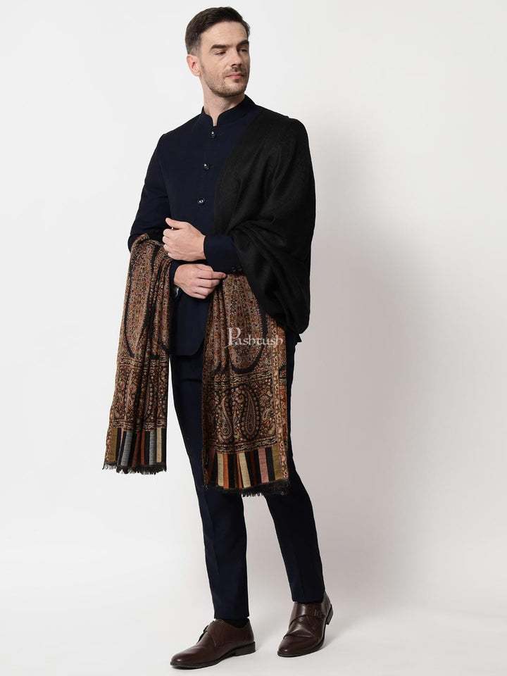 Pashtush India Mens Shawls Gents Shawl Pashtush Mens Fine Wool Shawl, Royal Collection, Palle-Dar Shawl, With Antique Jama Palla, Black, Full Size
