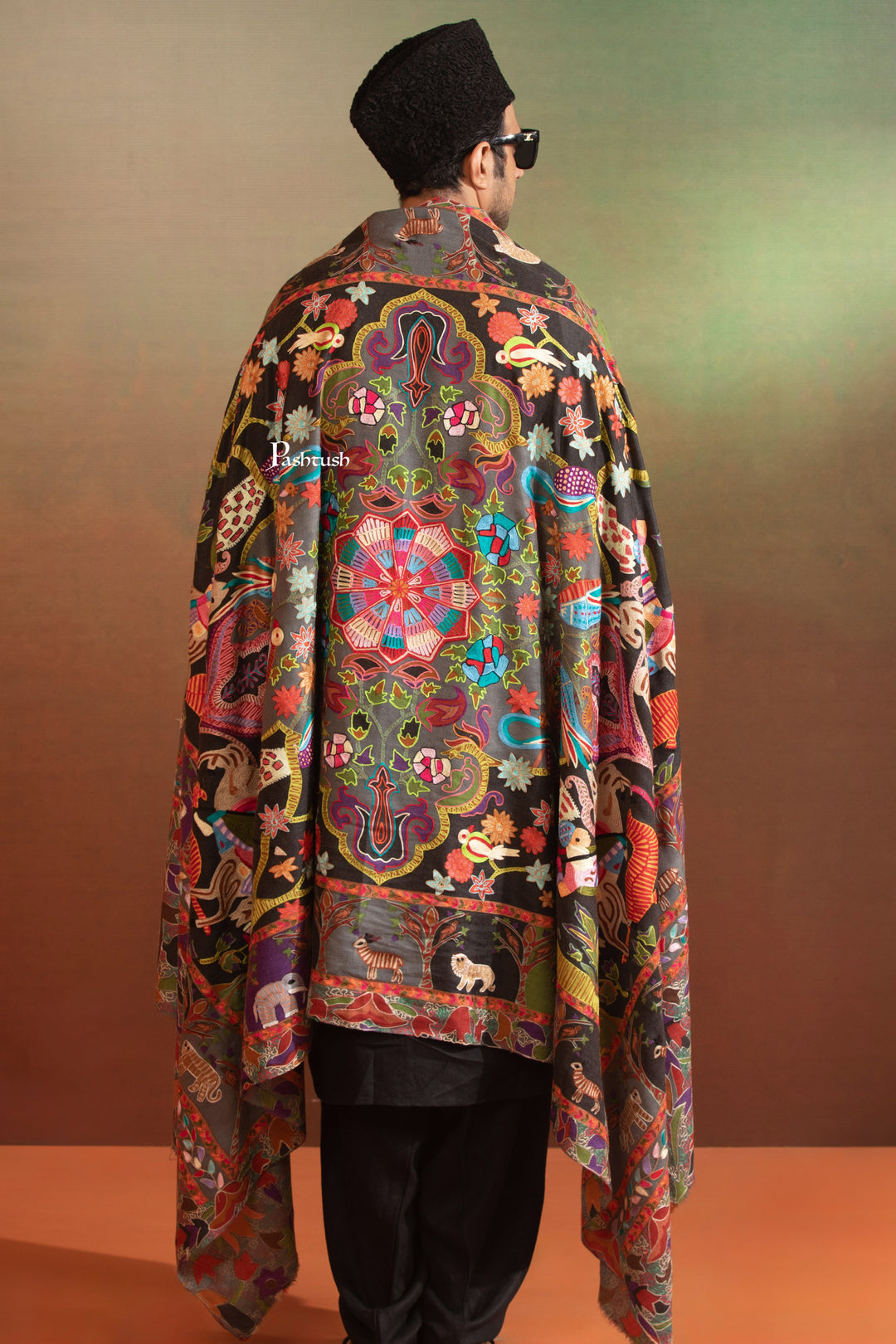 Pashtush India Mens Shawls Gents Shawl Pashtush Mens Fine Wool Shawl, Shikaar-Dar Hand Embroidered Design, Multicolour
