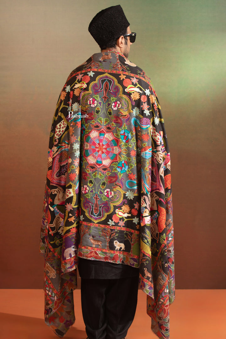 Pashtush India Mens Shawls Gents Shawl Pashtush Mens Fine Wool Shawl, Shikaar-Dar Hand Embroidered Design, Multicolour