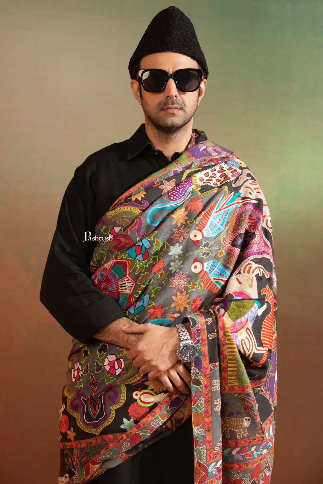 Pashtush India Mens Shawls Gents Shawl Pashtush Mens Fine Wool Shawl, Shikaar-Dar Hand Embroidered Design, Multicolour