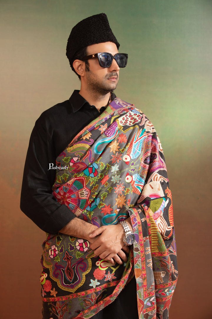 Pashtush India Mens Shawls Gents Shawl Pashtush Mens Fine Wool Shawl, Shikaar-Dar Hand Embroidered Design, Multicolour
