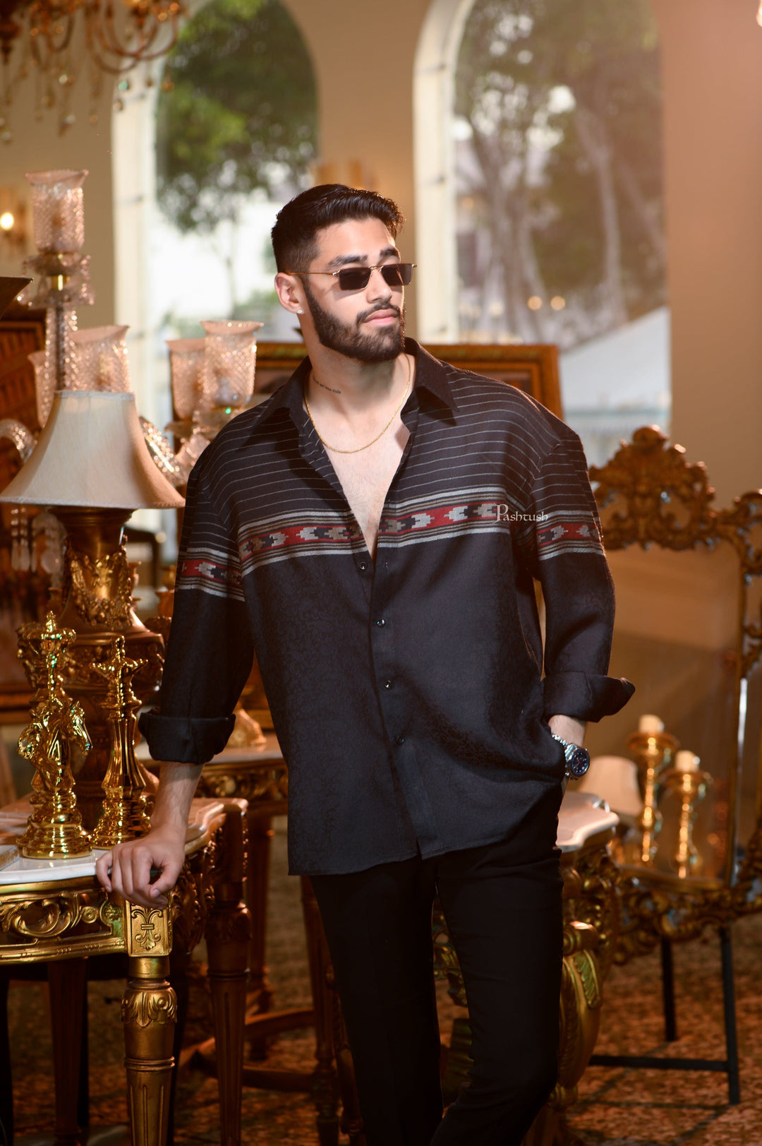 Pashtush India Mens Shirt Pashtush Mens Fine Wool Shirt, Ethnic Aztec Weave, Rich Black
