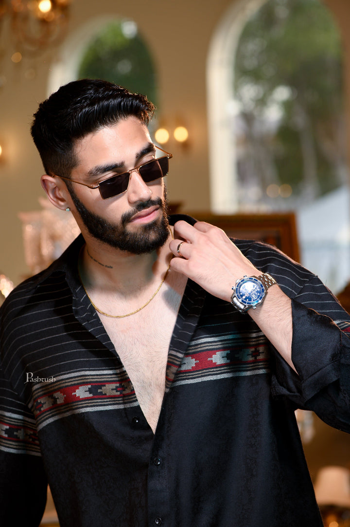 Pashtush India Mens Shirt Pashtush Mens Fine Wool Shirt, Ethnic Aztec Weave, Rich Black