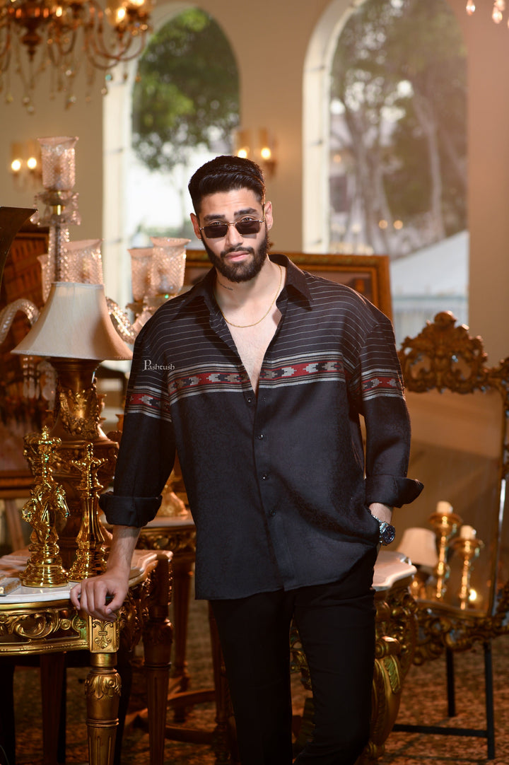 Pashtush India Mens Shirt Pashtush Mens Fine Wool Shirt, Ethnic Aztec Weave, Rich Black