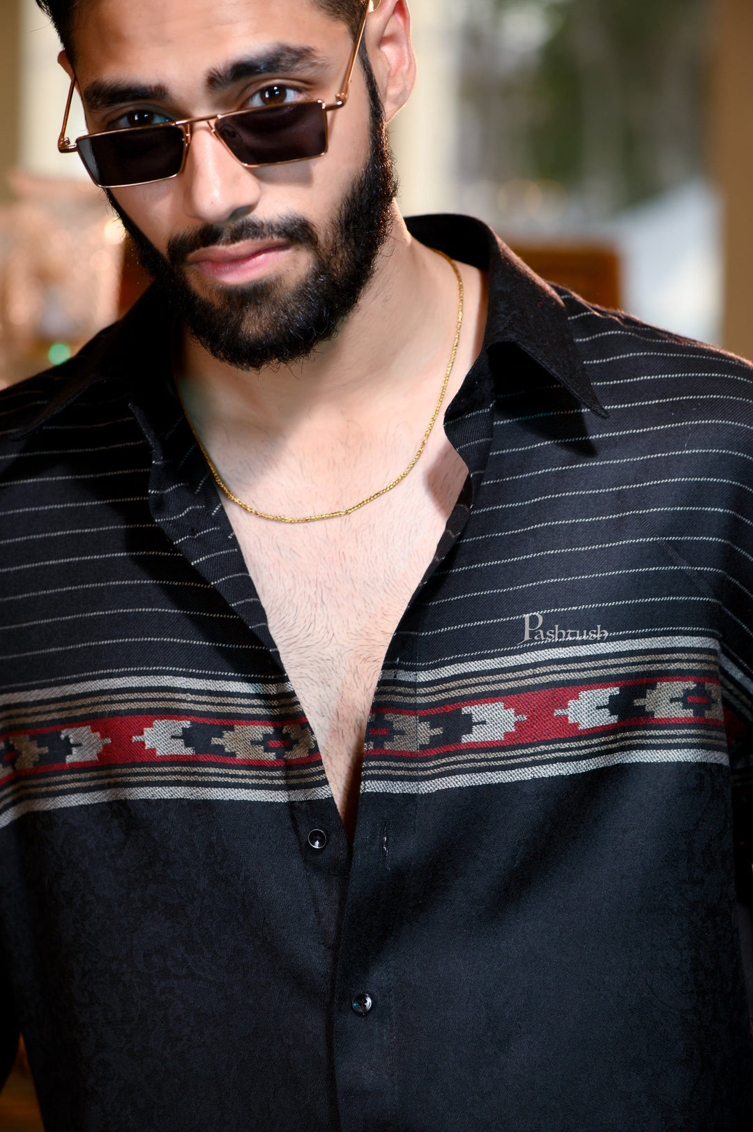 Pashtush India Mens Shirt Pashtush Mens Fine Wool Shirt, Ethnic Aztec Weave, Rich Black