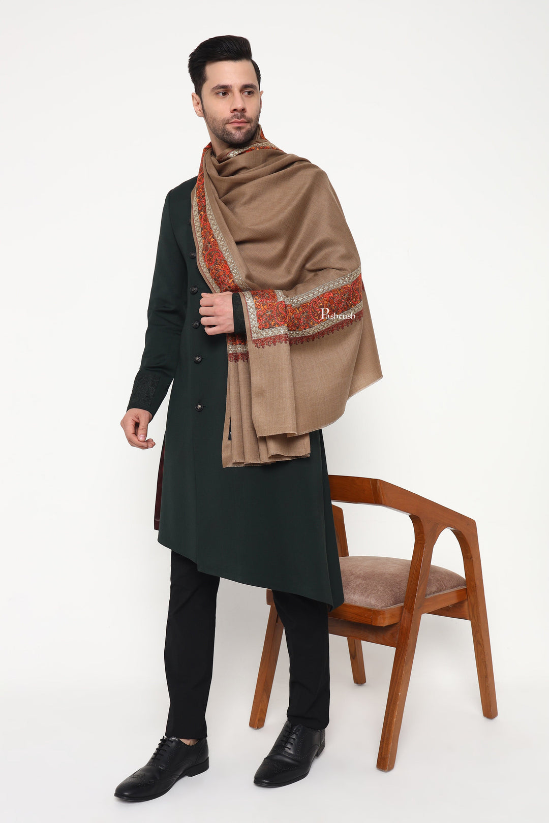 Pashtush India Mens Scarves Stoles and Mufflers Pashtush Mens Fine Wool Stole, Challa Daur With Metallic Detailing Design, Taupe