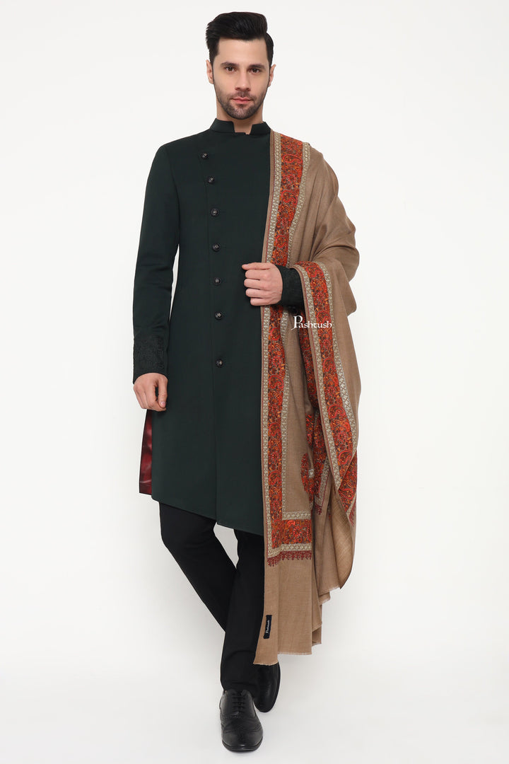 Pashtush India Mens Scarves Stoles and Mufflers Pashtush Mens Fine Wool Stole, Challa Daur With Metallic Detailing Design, Taupe