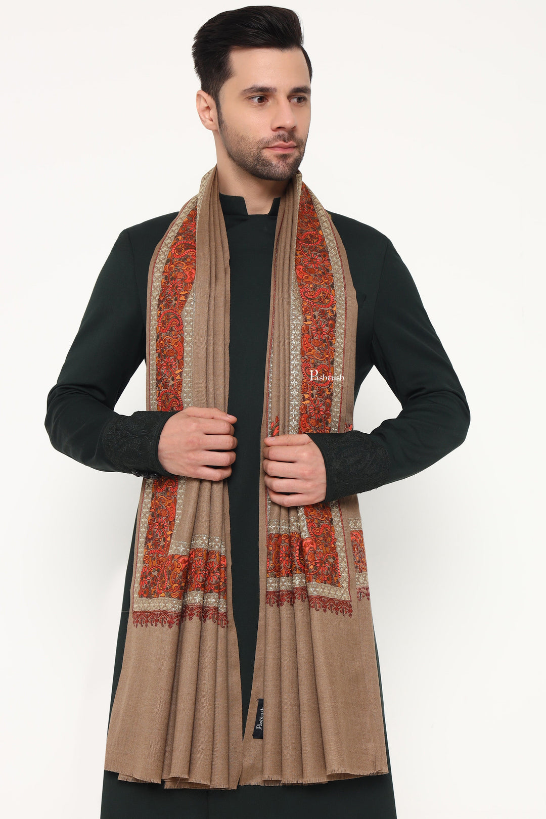 Pashtush India Mens Scarves Stoles and Mufflers Pashtush Mens Fine Wool Stole, Challa Daur With Metallic Detailing Design, Taupe