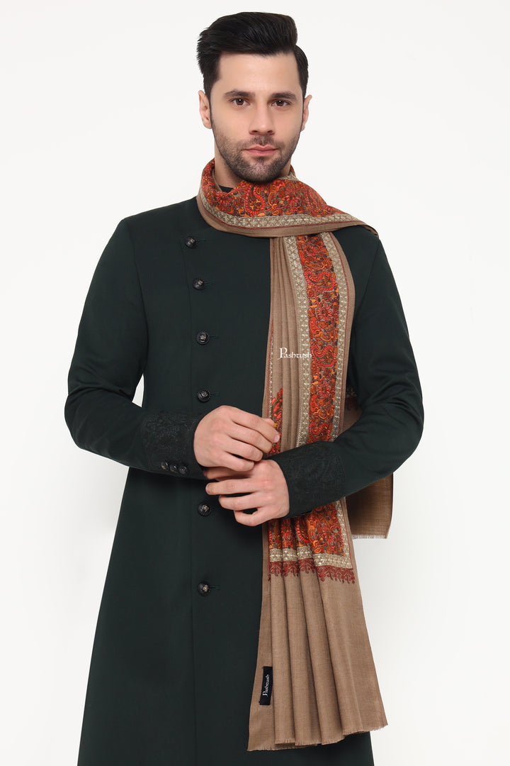 Pashtush India Mens Scarves Stoles and Mufflers Pashtush Mens Fine Wool Stole, Challa Daur With Metallic Detailing Design, Taupe