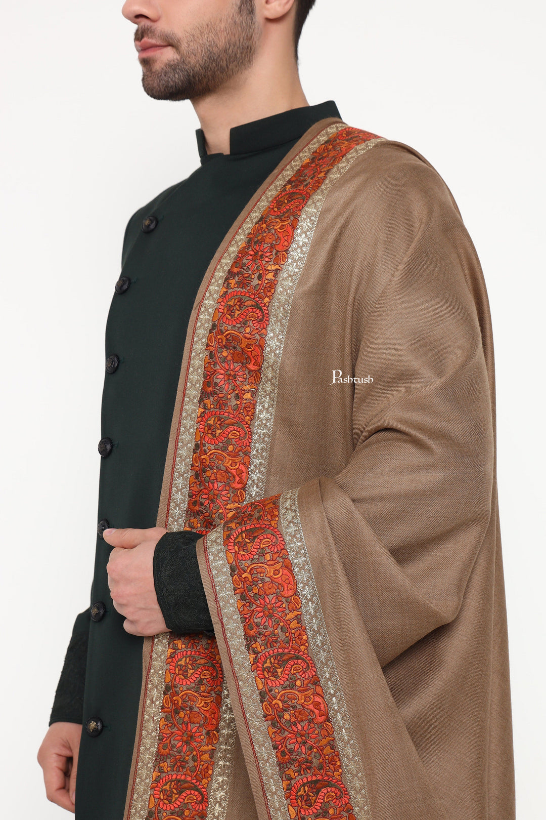 Pashtush India Mens Scarves Stoles and Mufflers Pashtush Mens Fine Wool Stole, Challa Daur With Metallic Detailing Design, Taupe
