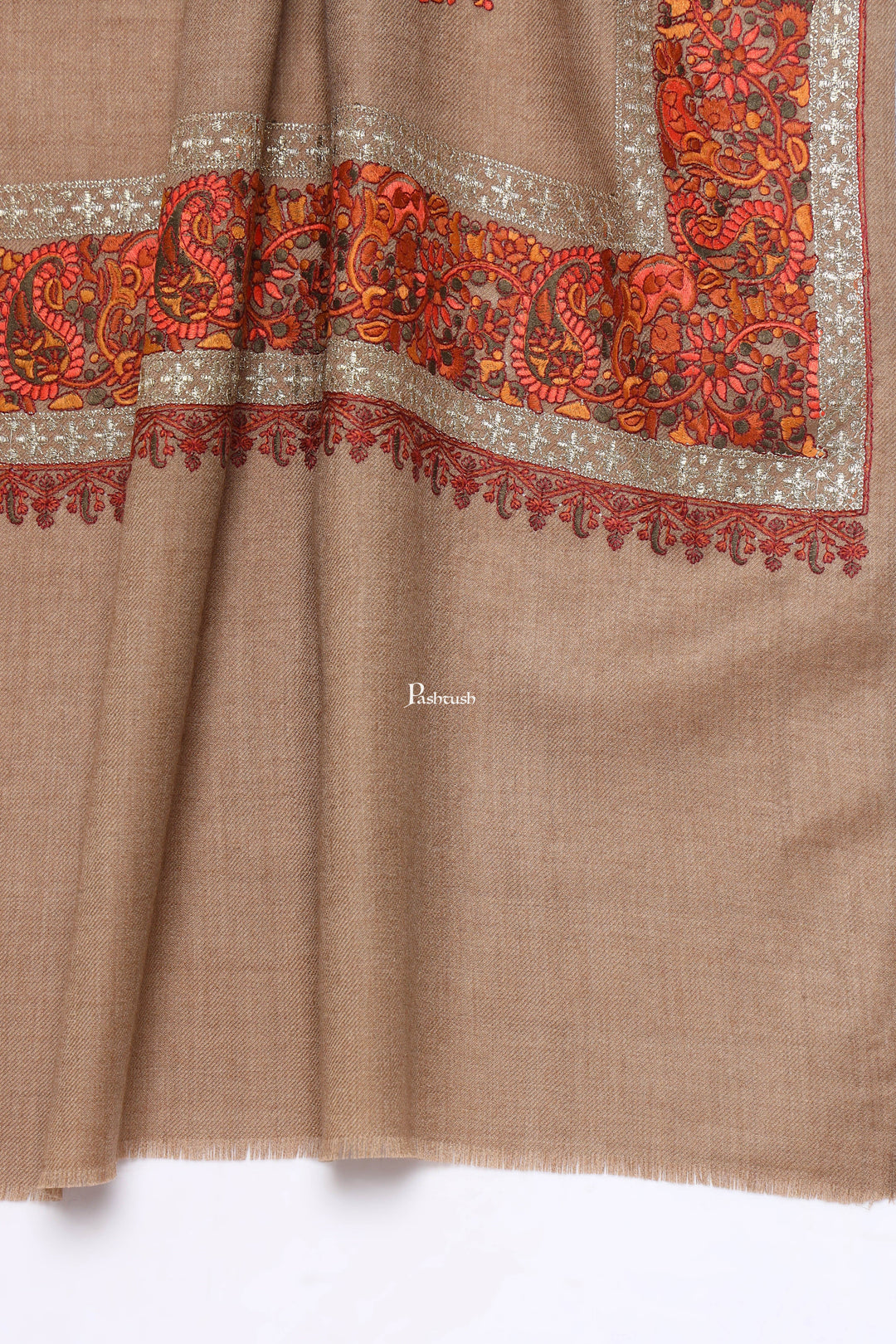 Pashtush India Mens Scarves Stoles and Mufflers Pashtush Mens Fine Wool Stole, Challa Daur With Metallic Detailing Design, Taupe