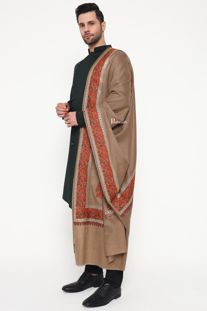 Pashtush India Mens Scarves Stoles and Mufflers Pashtush Mens Fine Wool Stole, Challa Daur With Metallic Detailing Design, Taupe