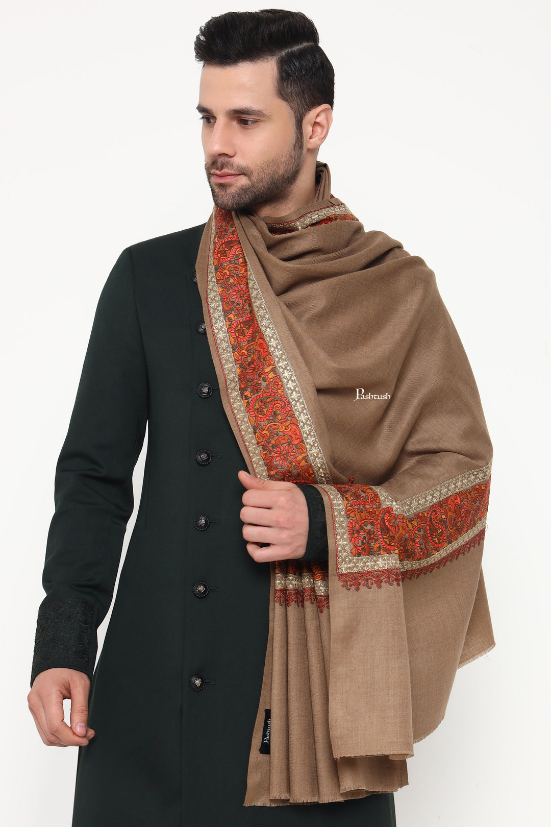 Pashtush India Mens Scarves Stoles and Mufflers Pashtush Mens Fine Wool Stole, Challa Daur With Metallic Detailing Design, Taupe
