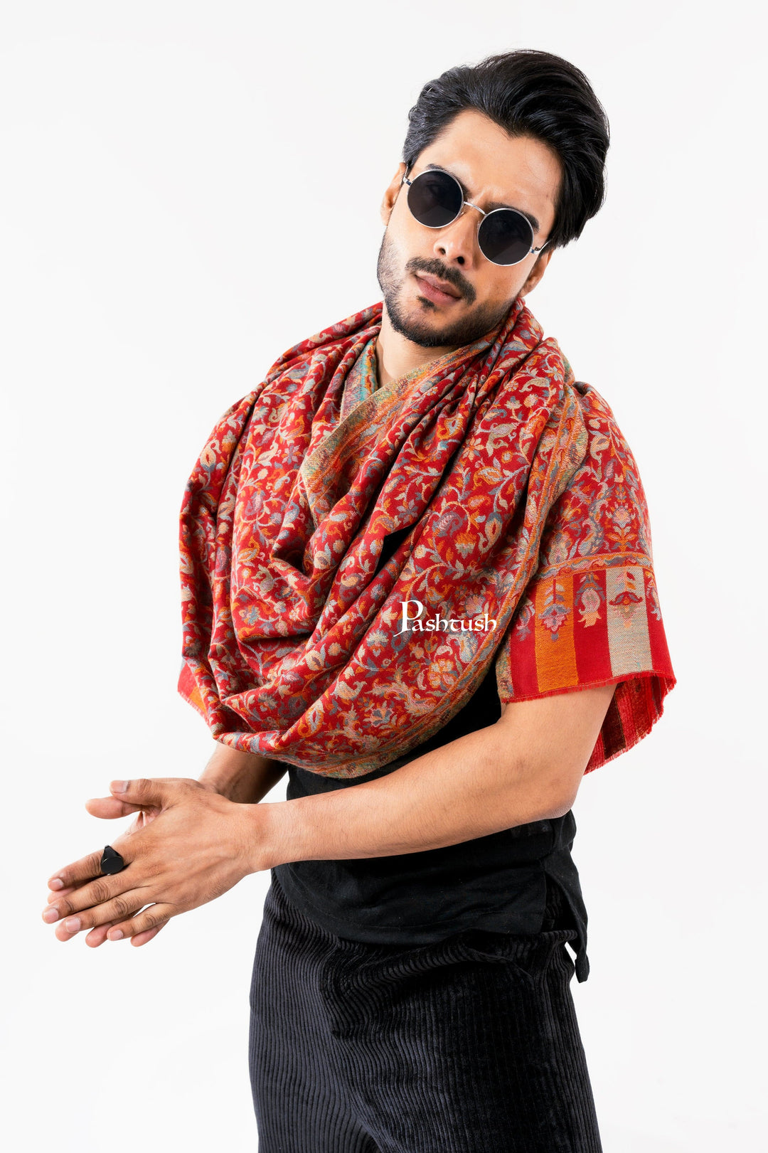Pashtush India Mens Scarves Stoles and Mufflers Pashtush Mens Fine Wool Stole, Ethnic Weave Design, Luxury Garnet