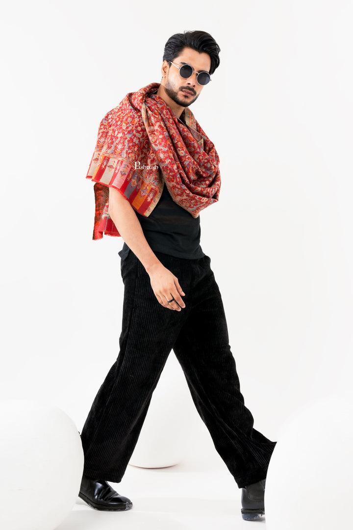 Pashtush India Mens Scarves Stoles and Mufflers Pashtush Mens Fine Wool Stole, Ethnic Weave Design, Luxury Garnet