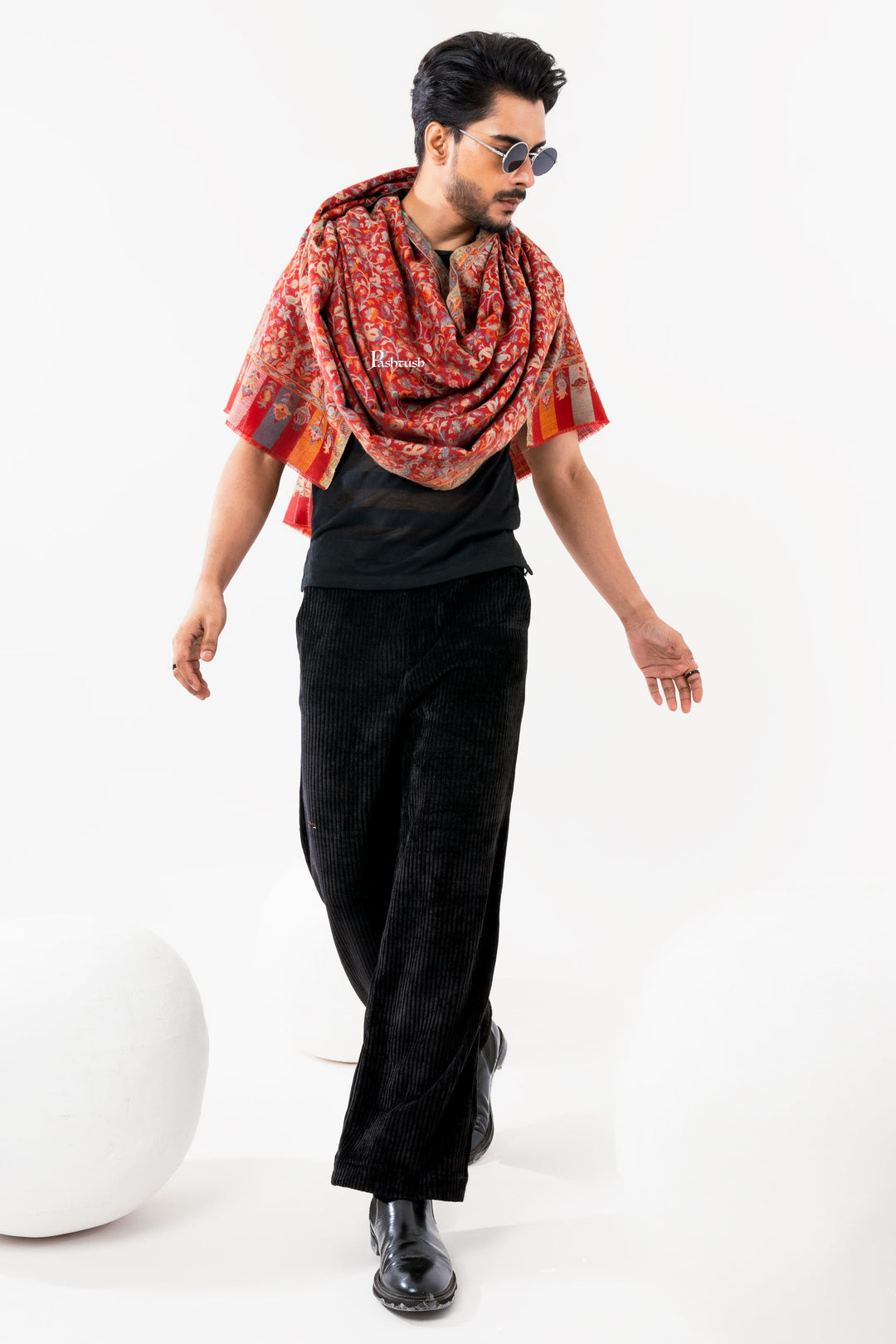 Pashtush India Mens Scarves Stoles and Mufflers Pashtush Mens Fine Wool Stole, Ethnic Weave Design, Luxury Garnet