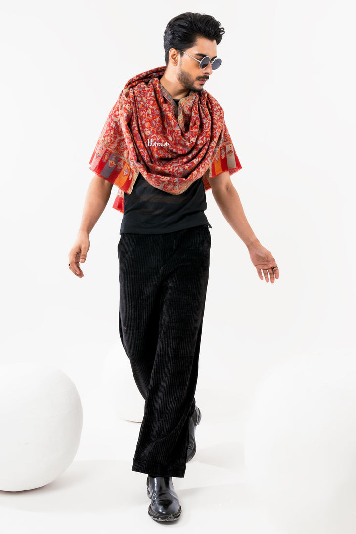 Pashtush India Mens Scarves Stoles and Mufflers Pashtush Mens Fine Wool Stole, Ethnic Weave Design, Luxury Garnet