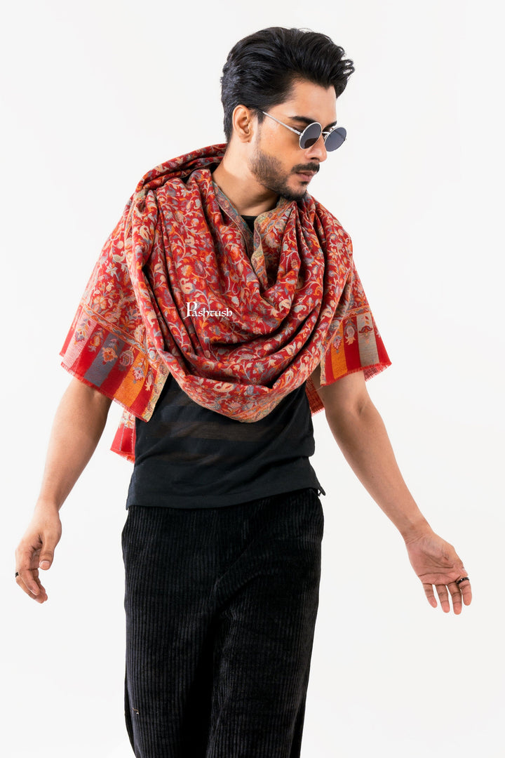 Pashtush India Mens Scarves Stoles and Mufflers Pashtush Mens Fine Wool Stole, Ethnic Weave Design, Luxury Garnet