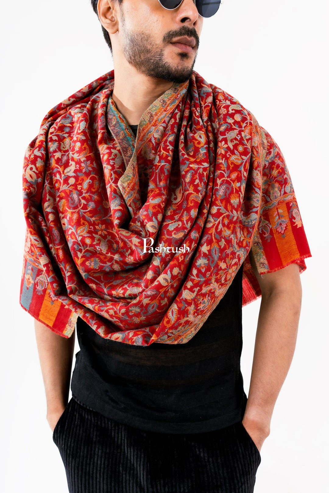 Pashtush India Mens Scarves Stoles and Mufflers Pashtush Mens Fine Wool Stole, Ethnic Weave Design, Luxury Garnet