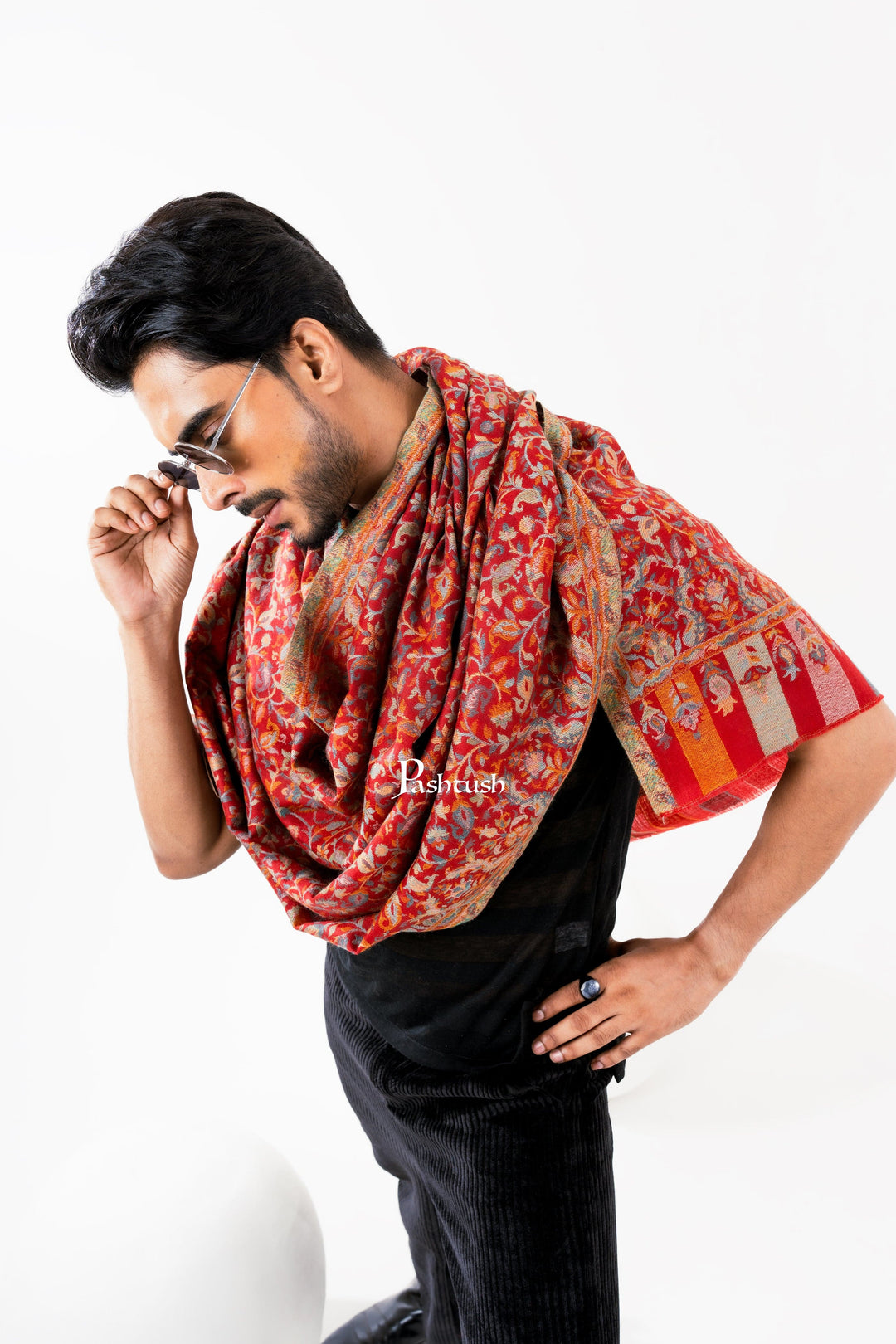 Pashtush India Mens Scarves Stoles and Mufflers Pashtush Mens Fine Wool Stole, Ethnic Weave Design, Luxury Garnet