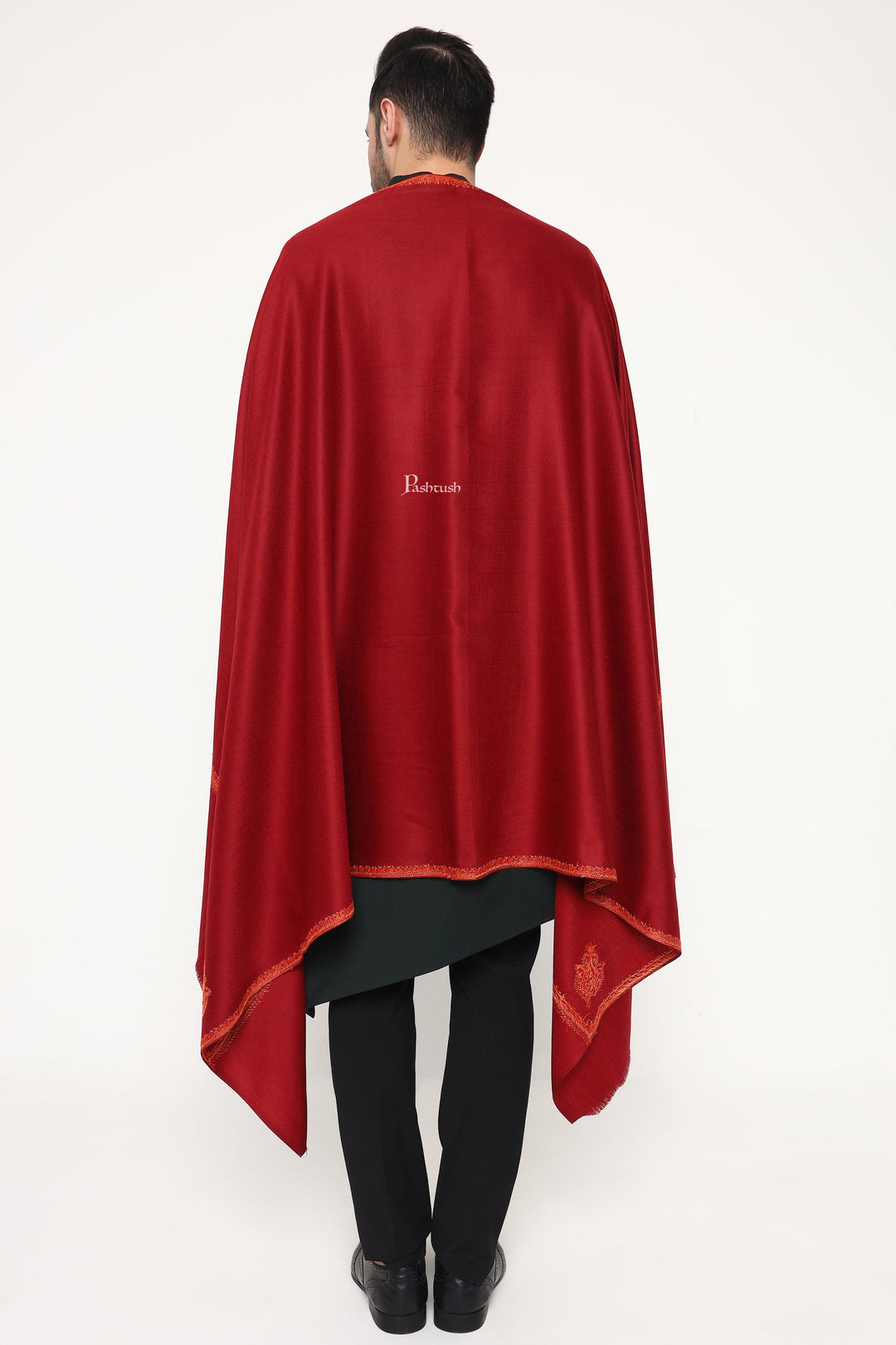 Pashtush India Mens Scarves Stoles and Mufflers Pashtush Mens Fine Wool Stole, Hand Embroidery  Ambi Design, Maroon