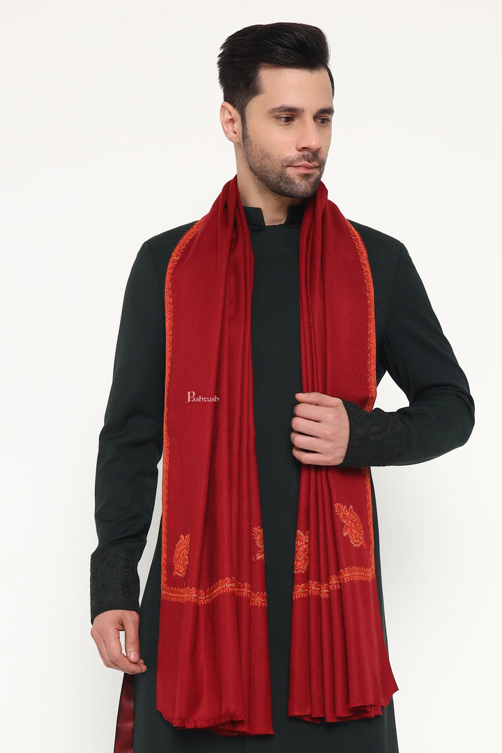 Pashtush India Mens Scarves Stoles and Mufflers Pashtush Mens Fine Wool Stole, Hand Embroidery  Ambi Design, Maroon