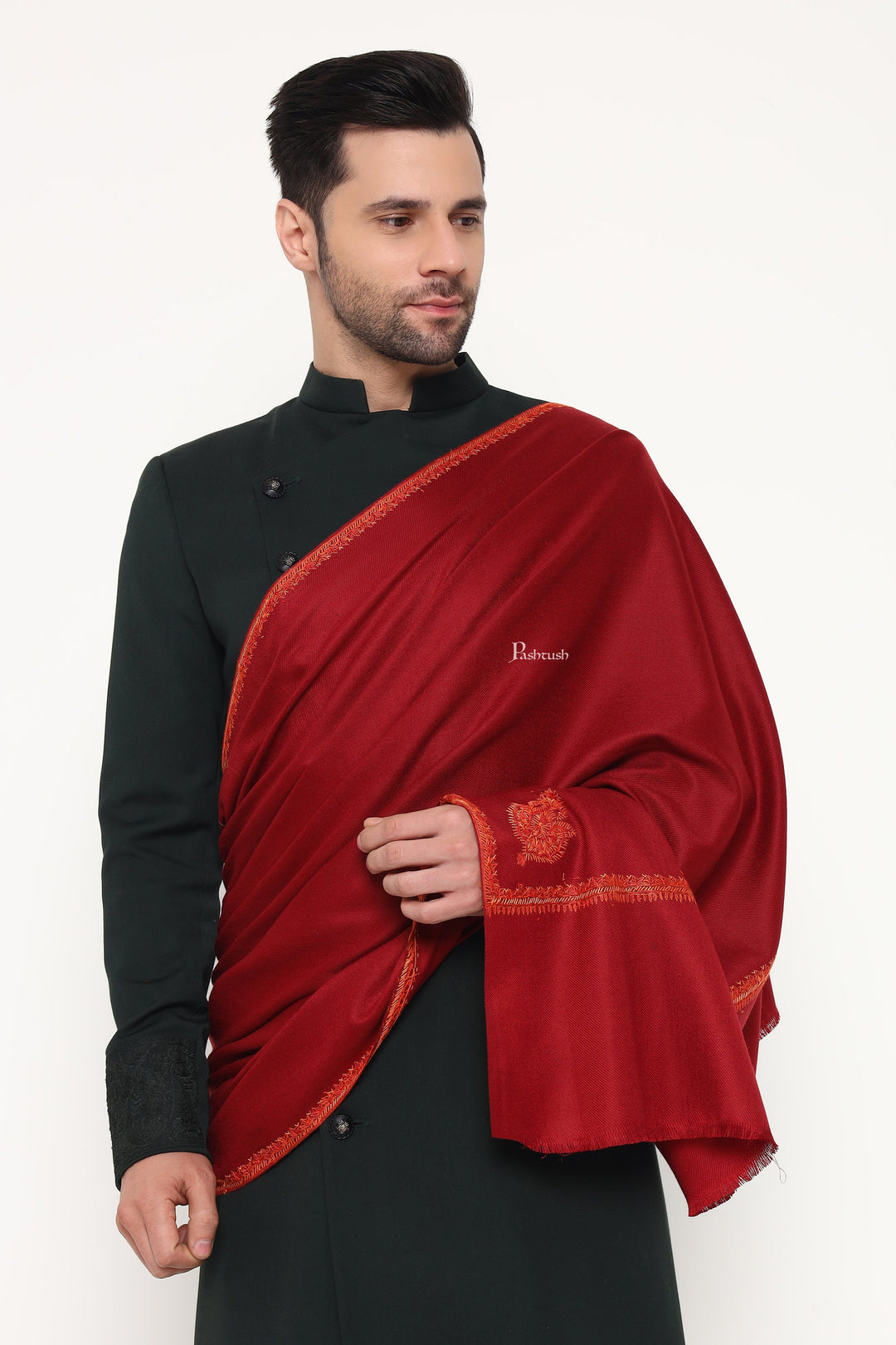 Pashtush India Mens Scarves Stoles and Mufflers Pashtush Mens Fine Wool Stole, Hand Embroidery  Ambi Design, Maroon