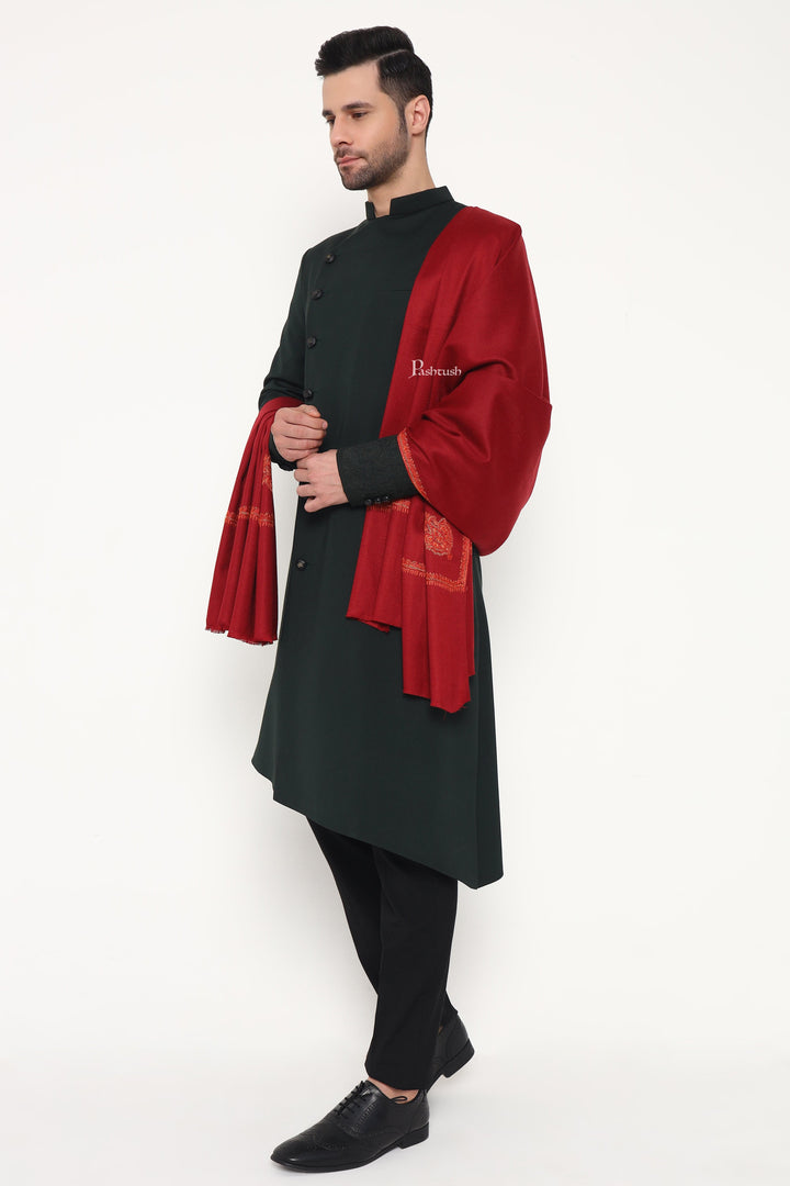 Pashtush India Mens Scarves Stoles and Mufflers Pashtush Mens Fine Wool Stole, Hand Embroidery  Ambi Design, Maroon