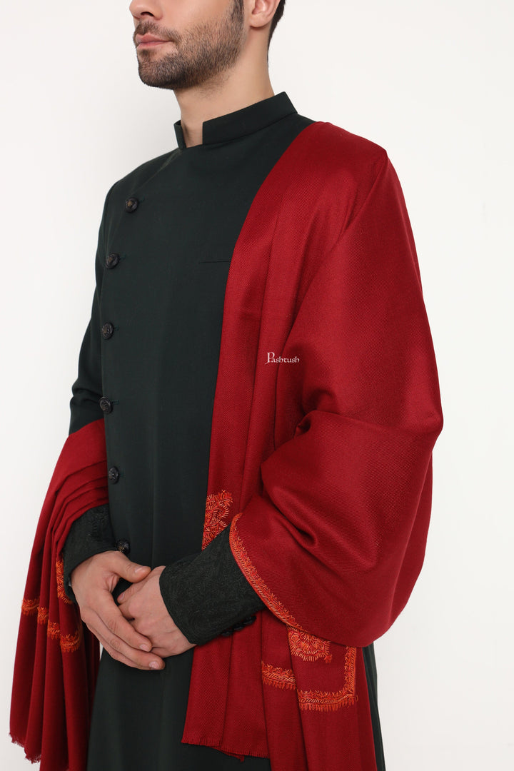 Pashtush India Mens Scarves Stoles and Mufflers Pashtush Mens Fine Wool Stole, Hand Embroidery  Ambi Design, Maroon