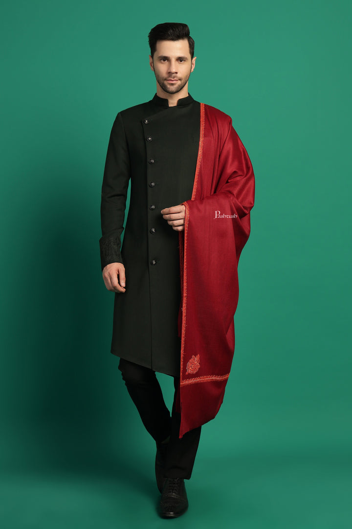 Pashtush India Mens Scarves Stoles and Mufflers Pashtush Mens Fine Wool Stole, Hand Embroidery  Ambi Design, Maroon
