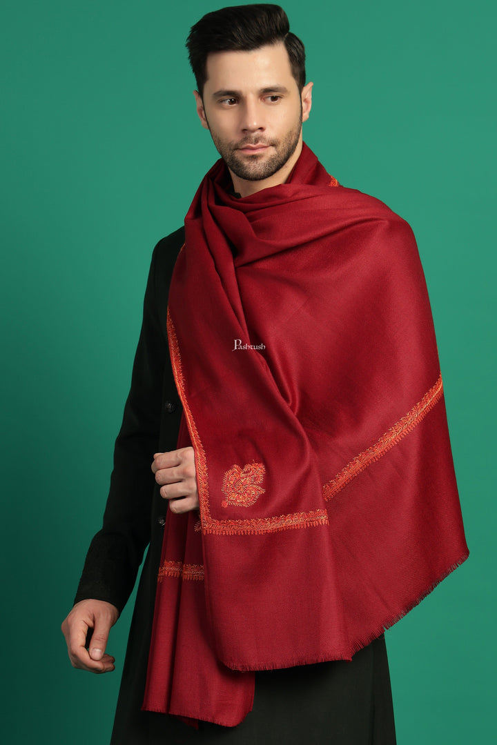 Pashtush India Mens Scarves Stoles and Mufflers Pashtush Mens Fine Wool Stole, Hand Embroidery  Ambi Design, Maroon