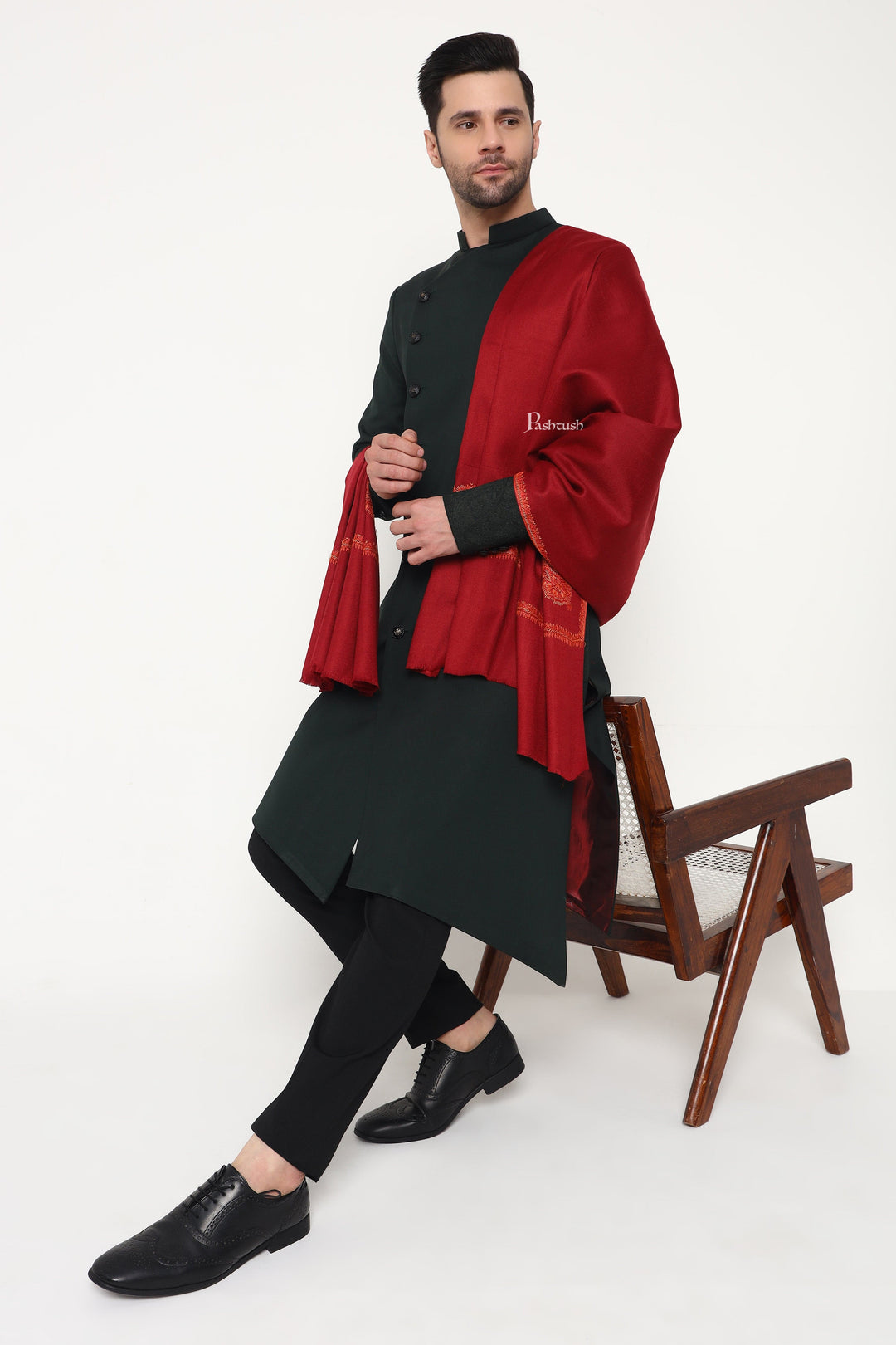 Pashtush India Mens Scarves Stoles and Mufflers Pashtush Mens Fine Wool Stole, Hand Embroidery  Ambi Design, Maroon