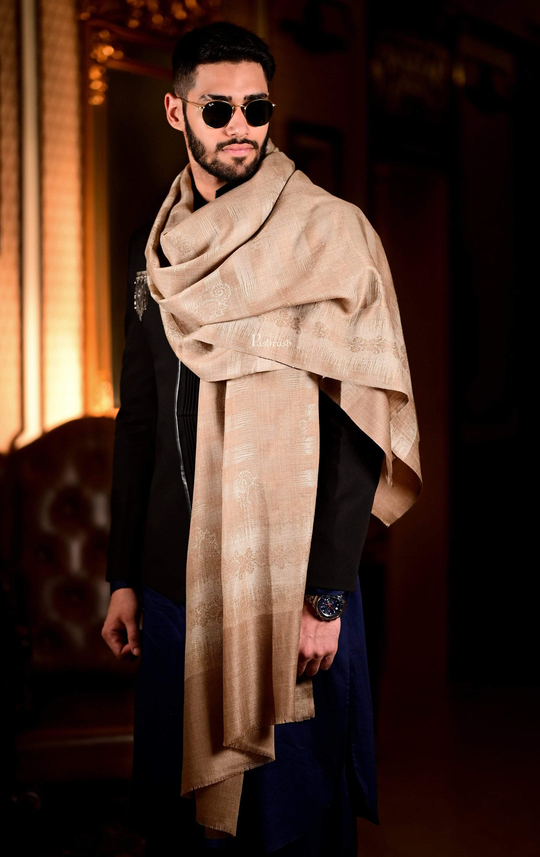 Pashtush India 70x200 Pashtush Mens Fine Wool Stole, Ikkat Design, Beige