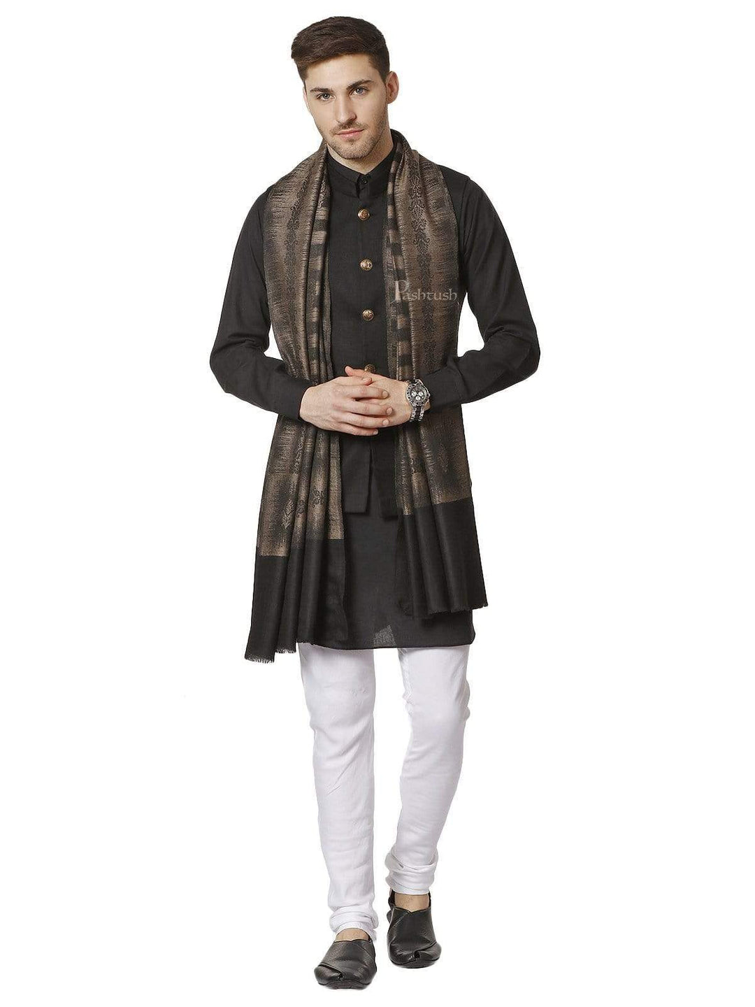 Pashtush India 70x200 Pashtush Mens Fine Wool Stole, Ikkat Design, Taupe and Black