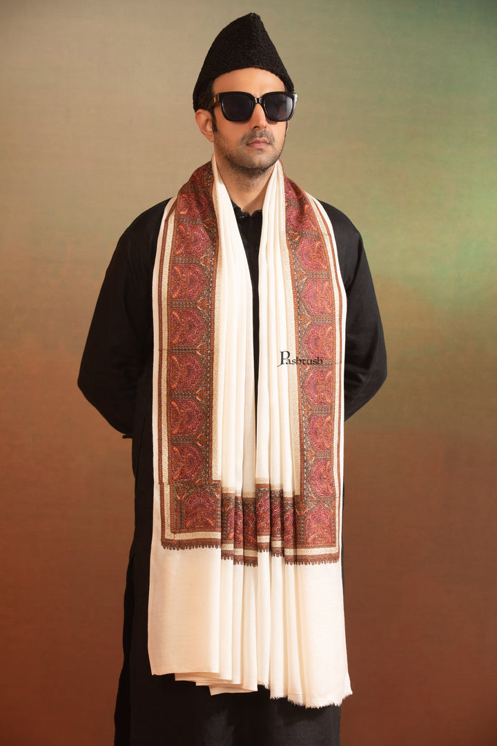 Pashtush India Mens Scarves Stoles and Mufflers Pashtush Mens Fine Wool Stole, Kashmiri Border Embroidery With Tilla Design, Ivory