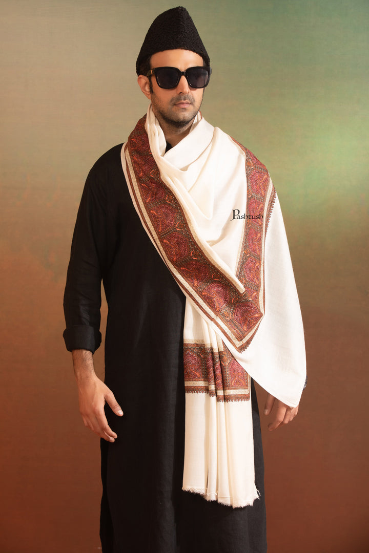 Pashtush India Mens Scarves Stoles and Mufflers Pashtush Mens Fine Wool Stole, Kashmiri Border Embroidery With Tilla Design, Ivory