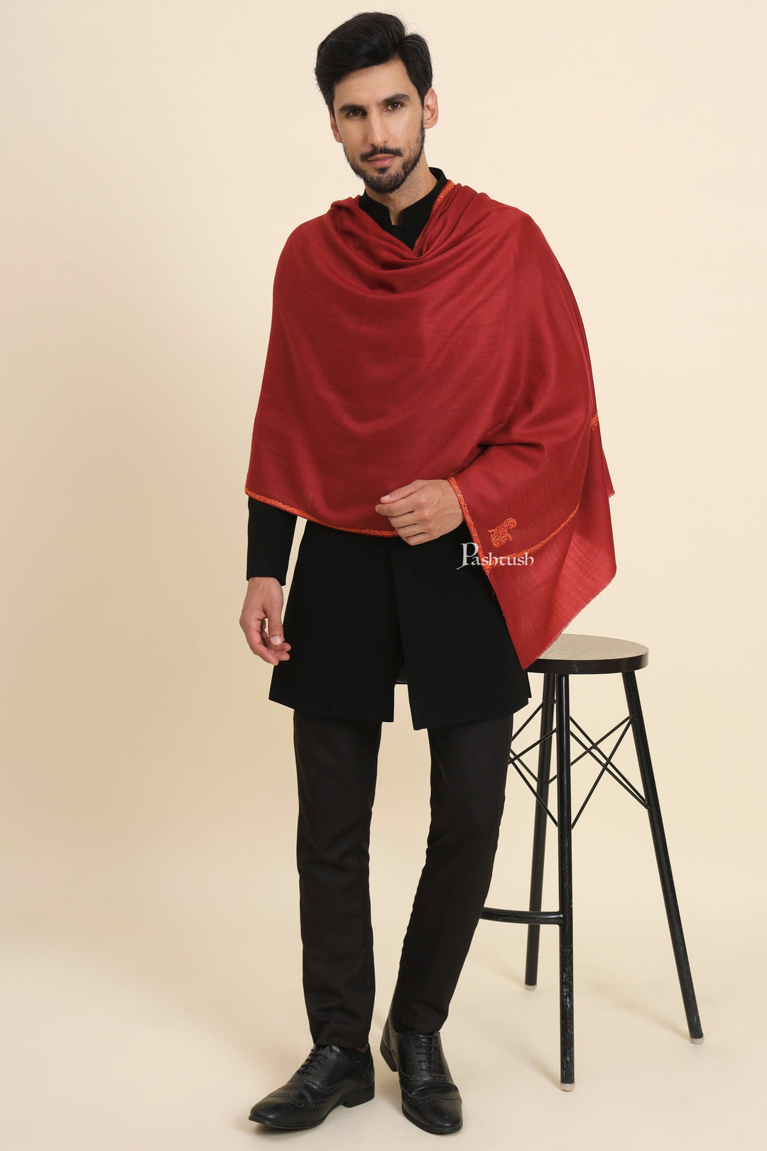 Pashtush India Mens Scarves Stoles and Mufflers Pashtush Mens Fine Wool Stole, Kingri Design, Maroon