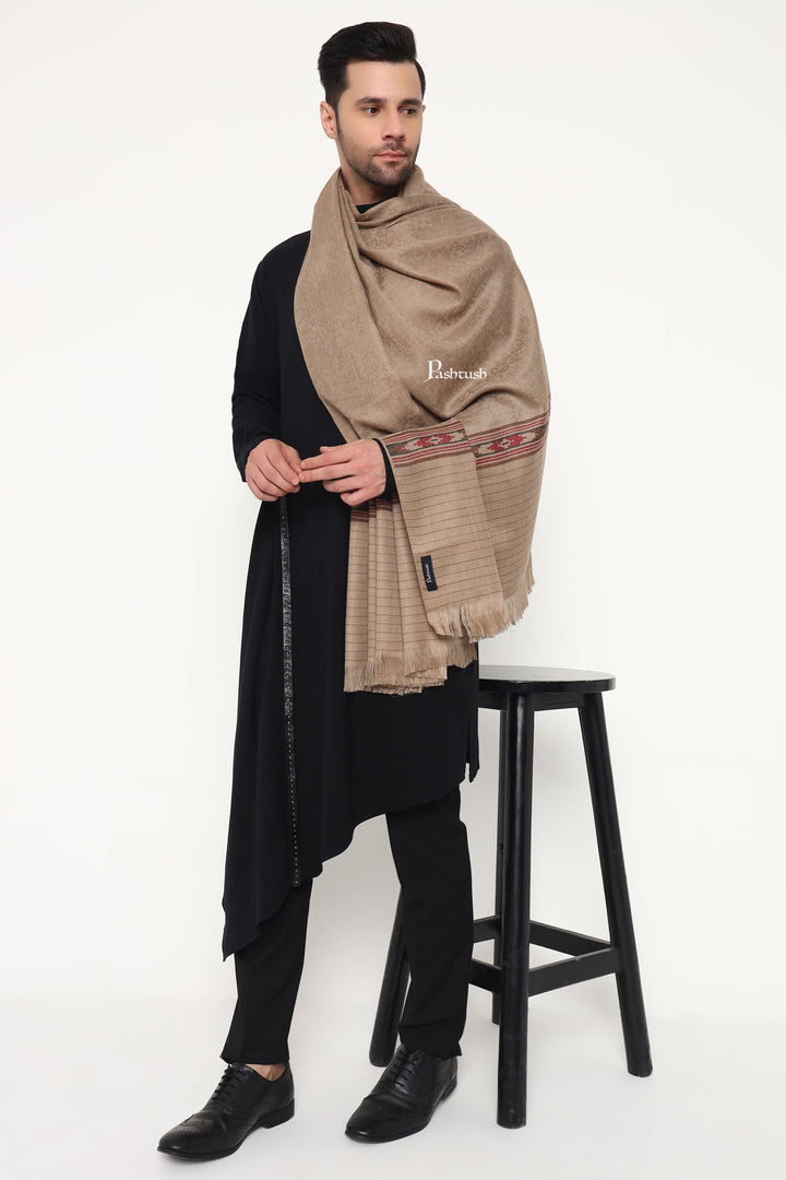 Pashtush India Mens Scarves Stoles and Mufflers Pashtush Mens Fine Wool Stole, Kullu Design, Taupe