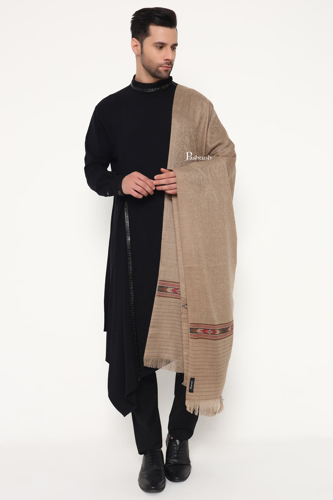 Pashtush India Mens Scarves Stoles and Mufflers Pashtush Mens Fine Wool Stole, Kullu Design, Taupe