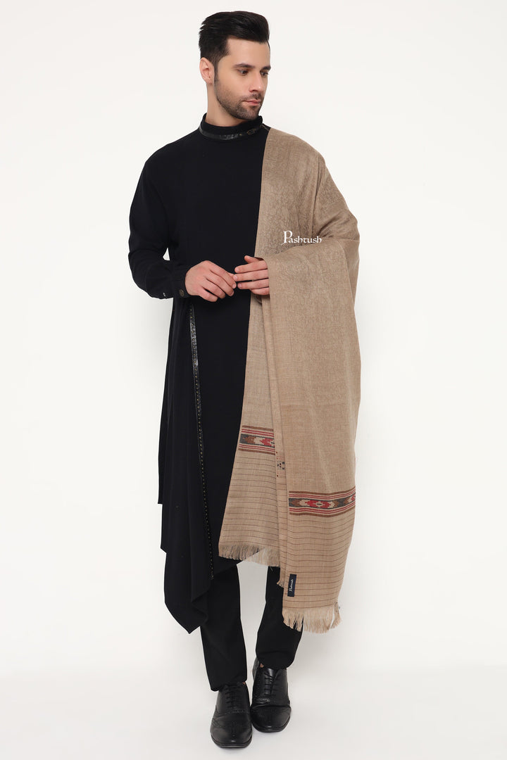 Pashtush India Mens Scarves Stoles and Mufflers Pashtush Mens Fine Wool Stole, Kullu Design, Taupe