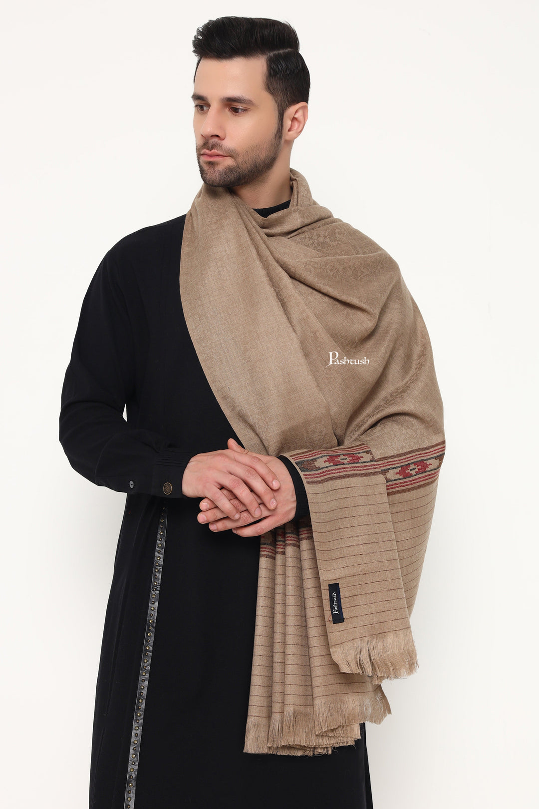 Pashtush India Mens Scarves Stoles and Mufflers Pashtush Mens Fine Wool Stole, Kullu Design, Taupe