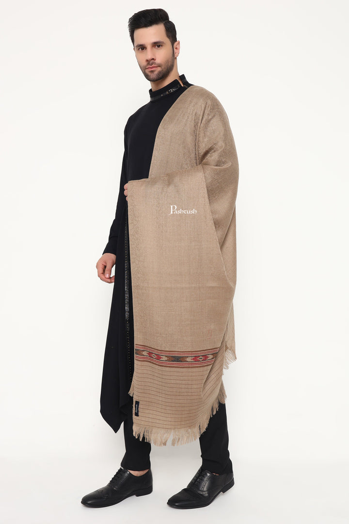 Pashtush India Mens Scarves Stoles and Mufflers Pashtush Mens Fine Wool Stole, Kullu Design, Taupe