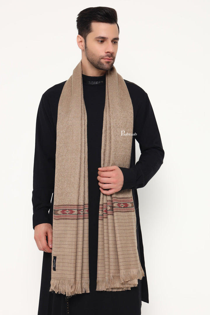 Pashtush India Mens Scarves Stoles and Mufflers Pashtush Mens Fine Wool Stole, Kullu Design, Taupe